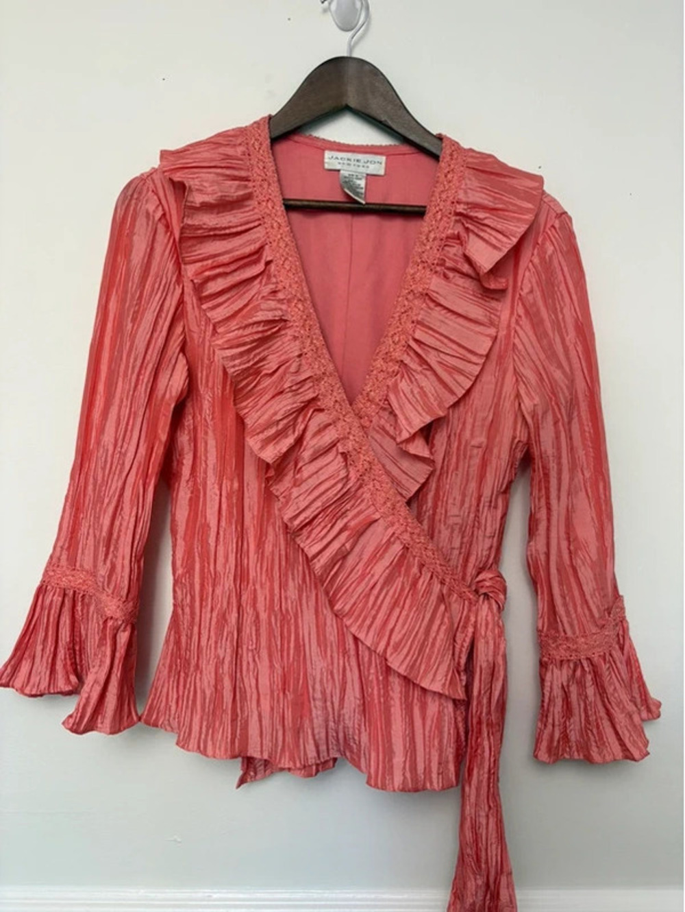 Vintage Jackie Jon Coral Ruffle Wrap Blouse Jacket Size 10 Bell Sleeve